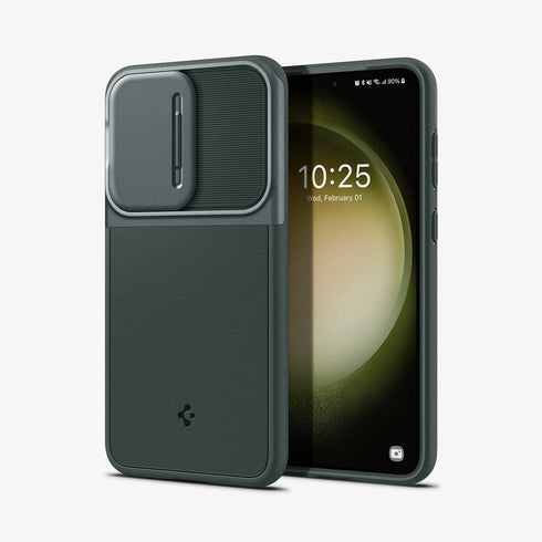 ACS05639 - Galaxy S23 Ultra Case Optik Armor in black showing the back with lens protector slot open